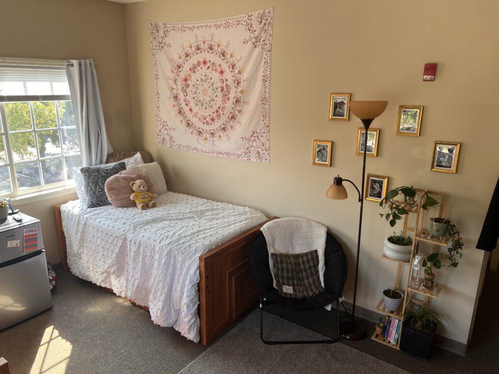 A neatly arranged dorm room with a single bed, decorative tapestry on the wall, a small shelf with plants, a standing lamp, a cushioned chair, and a mini-fridge near a window with blinds.